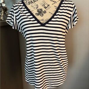 White House Black Market Fitted Navy Blue and White Cap Sleeve Tee